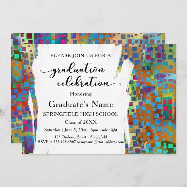 Colourful Confetti & Brushstrokes Graduation Party Invitation (Front/Back)