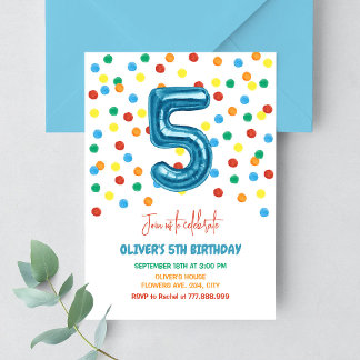 Colourful Confetti Five Balloon 5th Birthday Boy Invitation