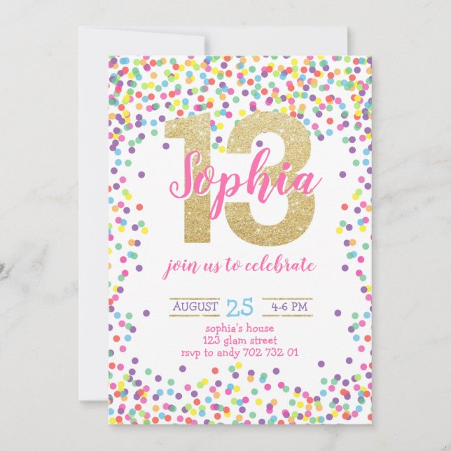 Colourful Confetti Gold Number Girl 13th Birthday Invitation (Front)