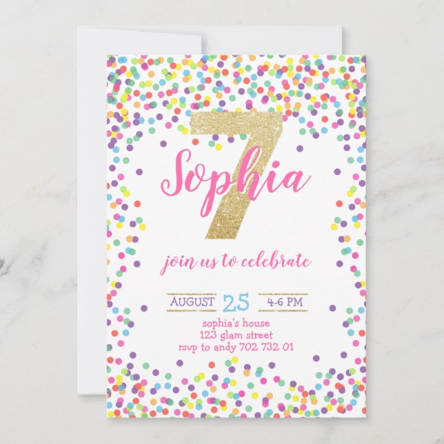 Colourful Confetti Gold Number Girl 7th Birthday Invitation (Front)