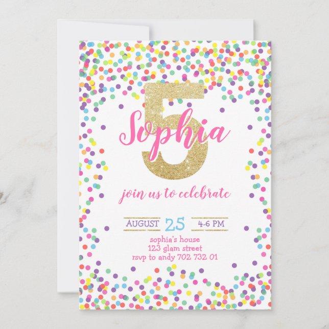 Colourful Confetti Gold Rainbow Girl 5th Birthday Invitation (Front)