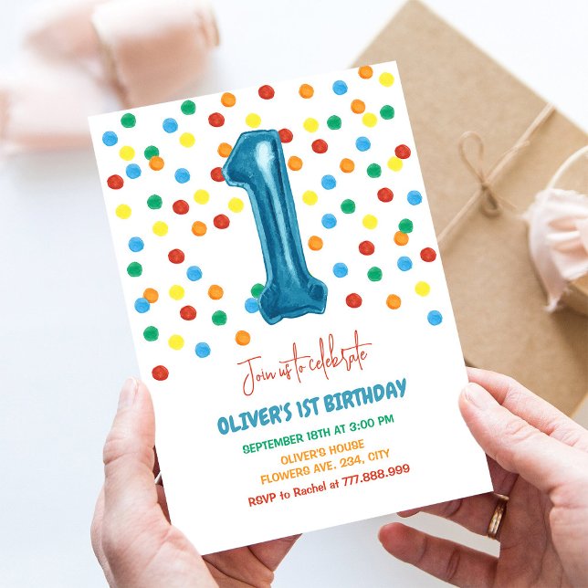 Colourful Confetti One Balloon 1st Birthday Boy Invitation (Creator Uploaded)