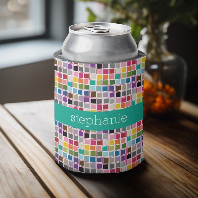 Colourful Confetti Pink Lime Green Custom Name Can Cooler (Personalized can cooler with a place to add a name or other custom text)