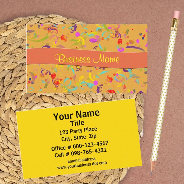 Colourful Confetti Toss Over Orange Event Planner Business Card (business card front and back design)
