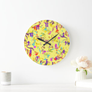 Colourful Confetti Toss Over Yellow Large Clock