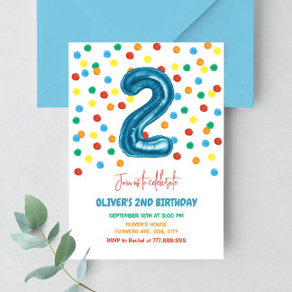 Colourful Confetti Two Balloon 2nd Birthday Boy Invitation