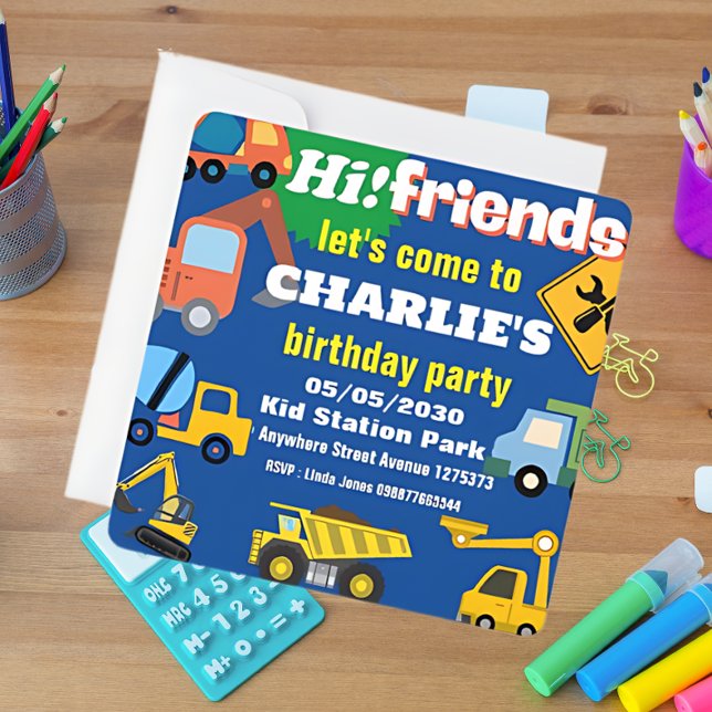 Colourful construction-themed kids birthday invitation (construction theme kids birthday invitation)