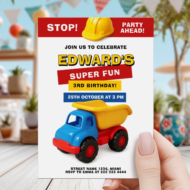 Colourful Construction Truck Birthday Invitation (Creator Uploaded)