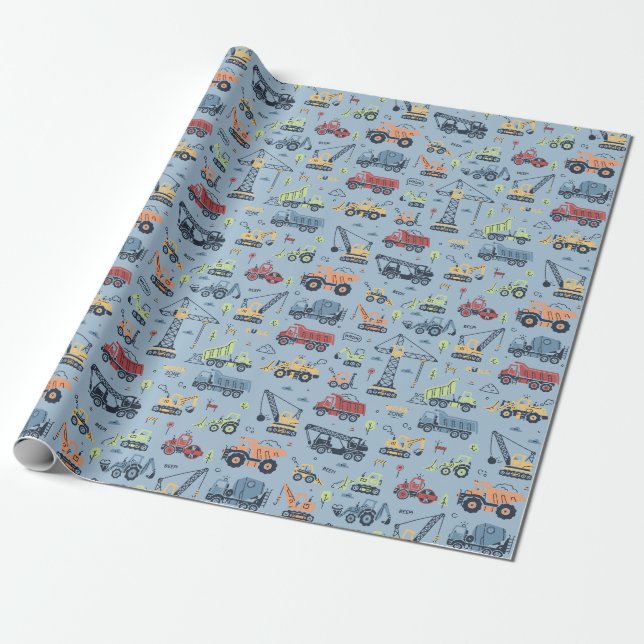 Colourful Construction Truck Birthday Wrapping Pap Paper (Unrolled)