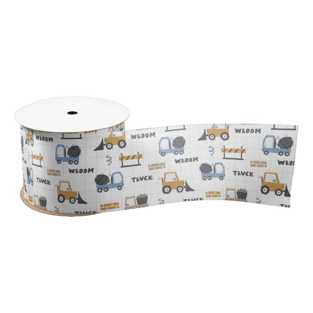Colourful Construction Trucks Pattern Satin Ribbon (Spool)