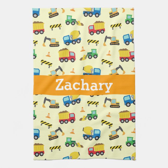 Colourful Construction Vehicles Pattern for Boys Tea Towel (Vertical)