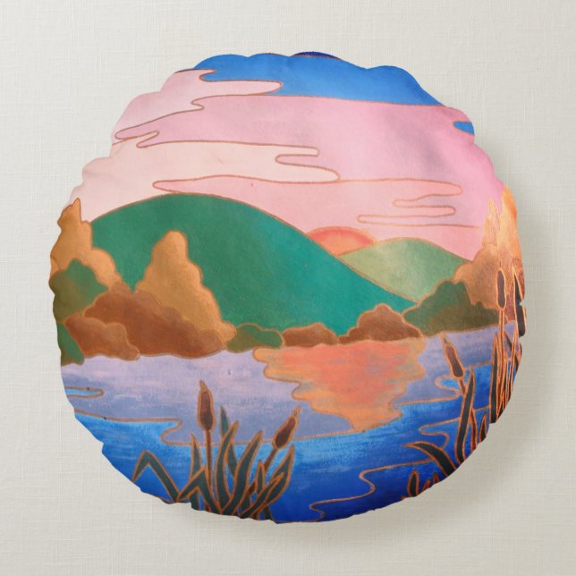colourful contempory abstract art landscape round cushion (Front)