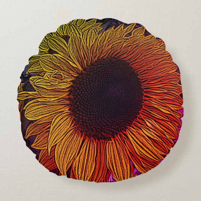 colourful contempory large yellow sun flower round cushion (Front)
