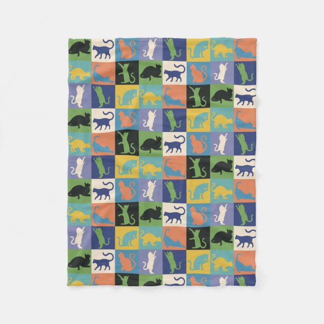 Colourful Cool Cats in Quilt-like Squares Fleece Blanket (Front)