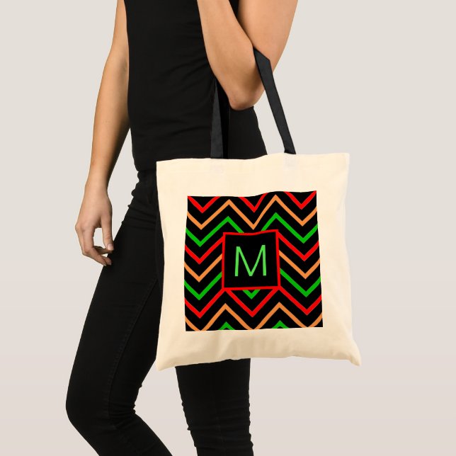 Colourful Cool Chevron on Black Monogram Tote Bag (Front (Product))