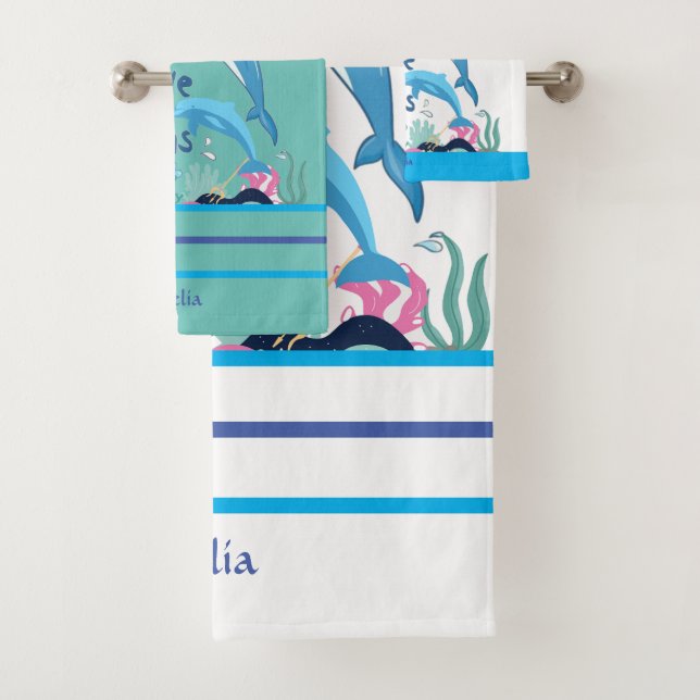 Colourful Cool I Love Dolphins Name Monogram  Bath Towel Set (Insitu)