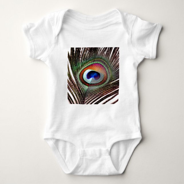 Colourful Copper Peacock Feather Baby Bodysuit (Front)