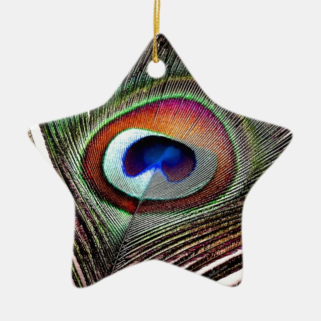 Colourful Copper Peacock Feather Ceramic Tree Decoration (Front)