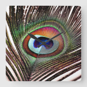 Colourful Copper Peacock Feather Square Wall Clock