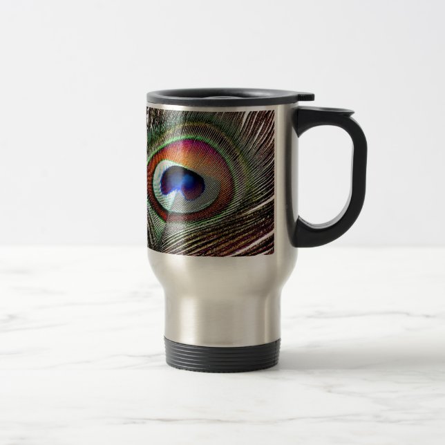 Colourful Copper Peacock Feather Travel Mug (Right)