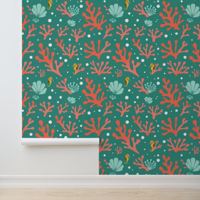 Colourful Coral and Seahorse Ocean Pattern Wallpaper (Application)