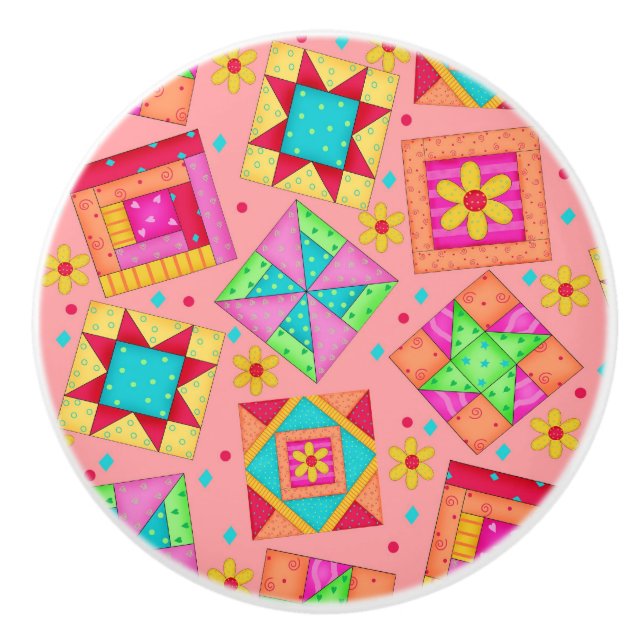 Colourful Coral Orange Quilt Patchwork Block Art Ceramic Knob (Front)