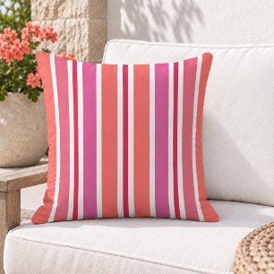 Colourful Coral Pink and Red Summer Stripes Cushion