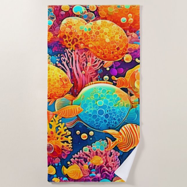 Colourful Coral Reef Artwork Beach Towel (Front)