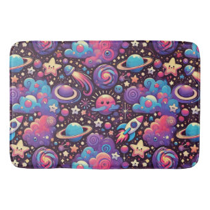 Colourful Cosmic Scene with Cartoon Planets Bath Mat