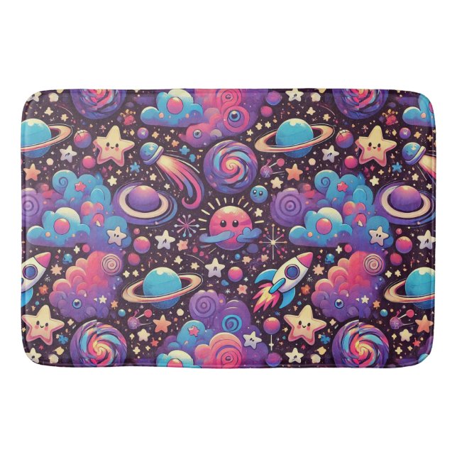 Colourful Cosmic Scene with Cartoon Planets Bath Mat (Front)