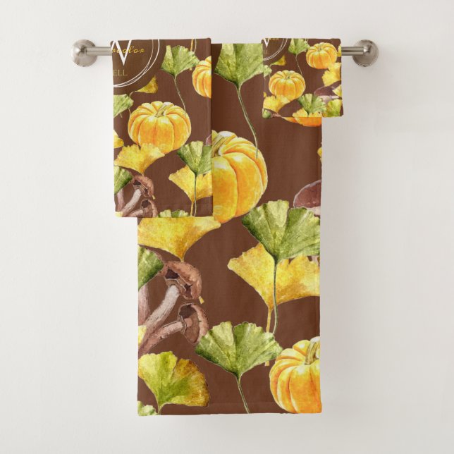 Colourful Cosy Autumn Watercolor Pattern Monogram Bath Towel Set (Insitu)
