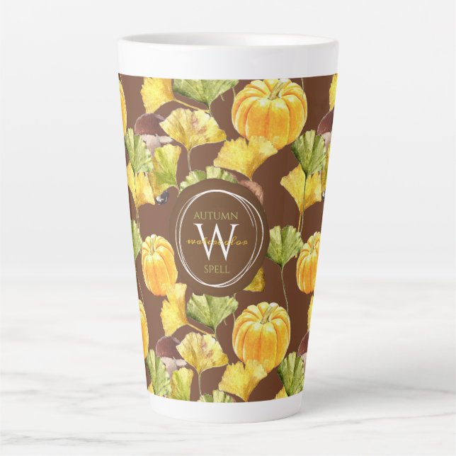 Colourful Cosy Autumn Watercolor Pattern Monogram Latte Mug (Front)