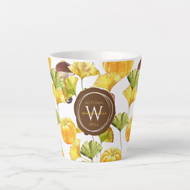 Colourful Cosy Autumn Watercolor Pattern Monogram Latte Mug (Front)