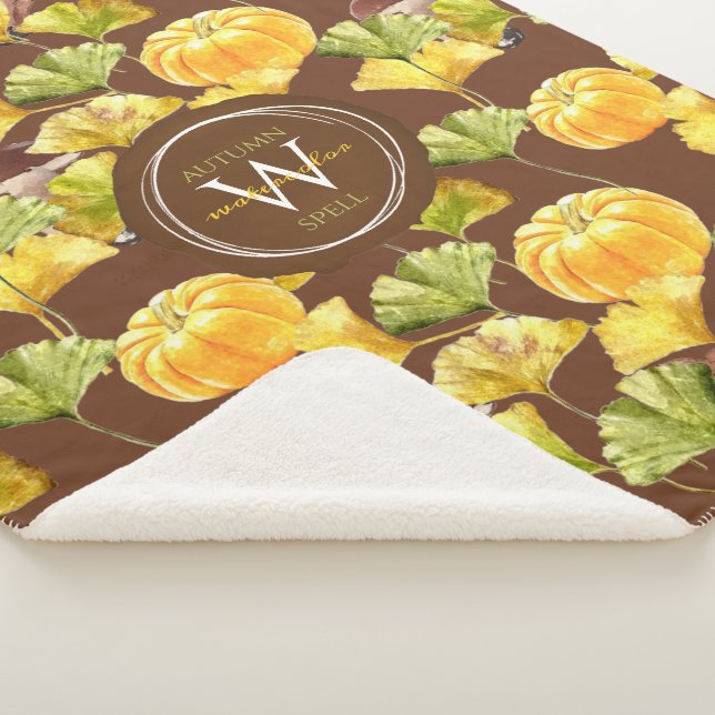 Colourful Cosy Autumn Watercolor Pattern Monogram Sherpa Blanket (3/4)