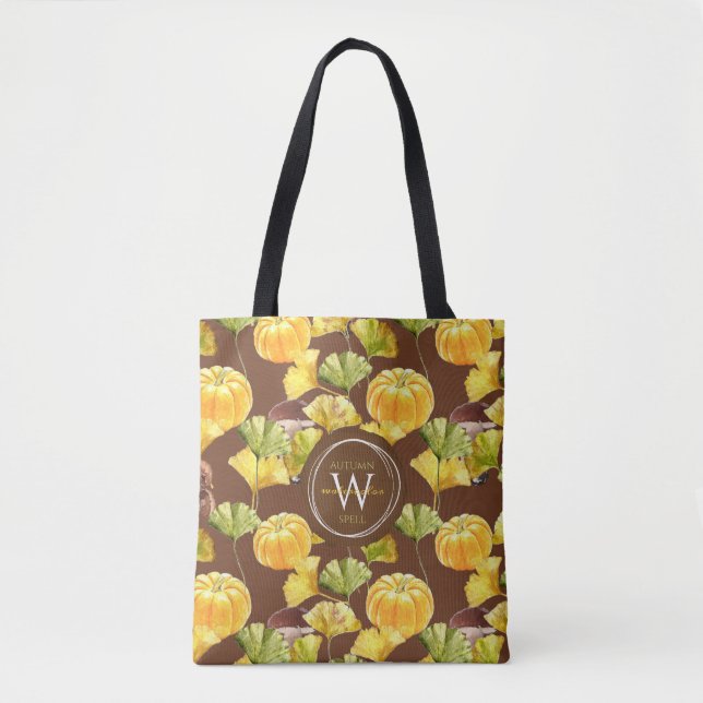 Colourful Cosy Autumn Watercolor Pattern Monogram Tote Bag (Front)