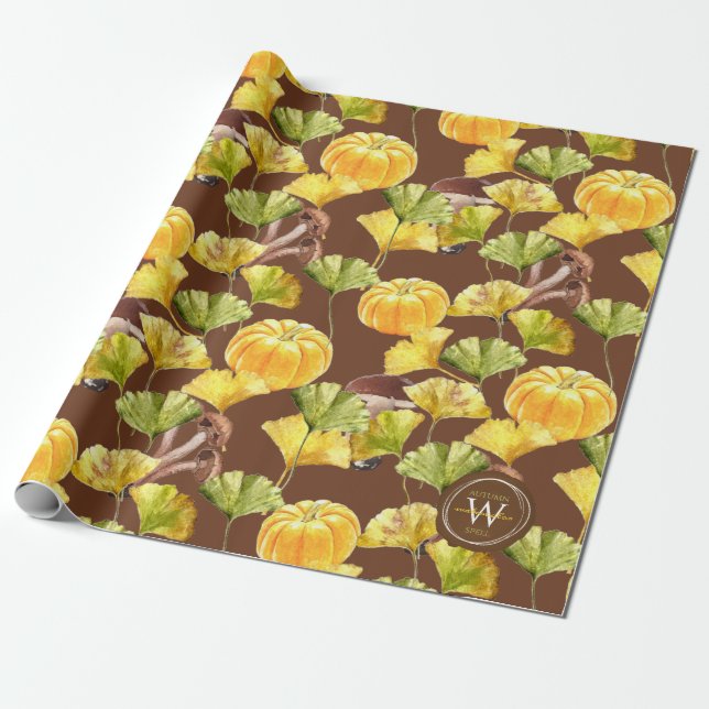 Colourful Cosy Autumn Watercolor Pattern Monogram Wrapping Paper (Unrolled)