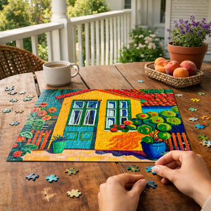 Colourful Cottage Bright Yellow House and Garden Jigsaw Puzzle