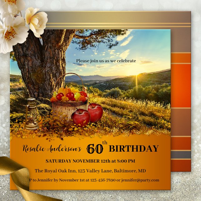 Colourful Country Fall Birthday Invitation (autumn birthday party invitation featuring a country sunset landscape scene with apples and lantern)
