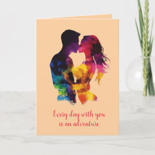Colourful couple in love Silhouette Beige Card