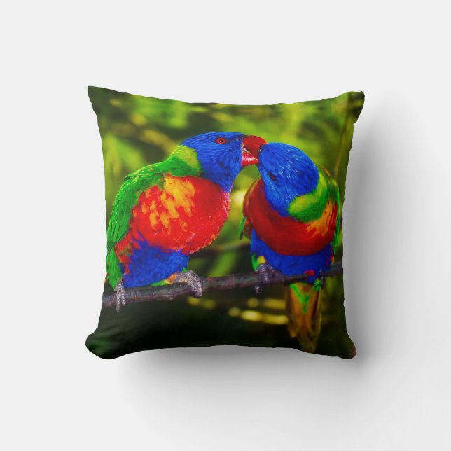 Colourful Couple of Kissing Parrots Cushion (Front)