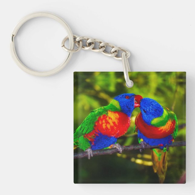 Colourful Couple of Kissing Parrots Key Ring (Front)