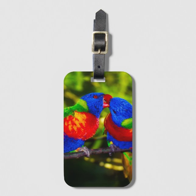 Colourful Couple of Kissing Parrots Luggage Tag (Front Vertical)