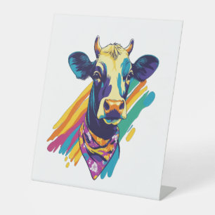 Colourful Cow Png, Rainbow Cow Design Png Pedestal Sign