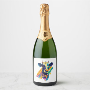 Colourful Cow , Rainbow Cow Design Sparkling Wine Label