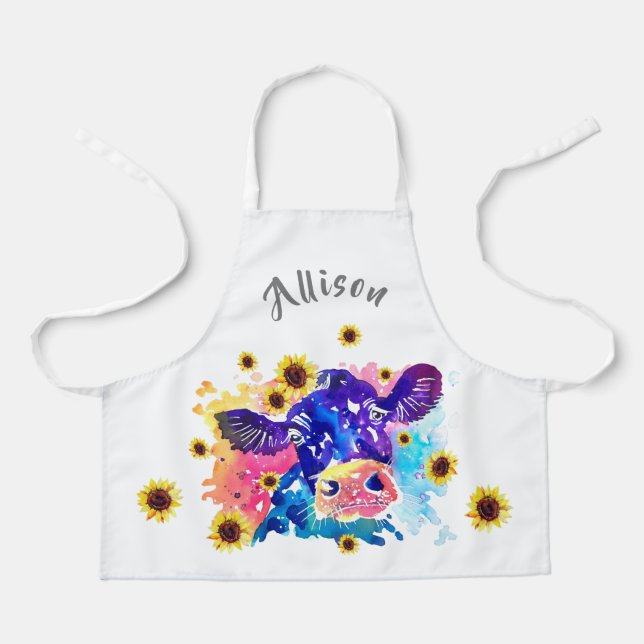 Colourful Cow with Sunflower Kids Personalised Apr Apron (Front)