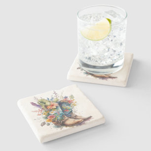 Colourful Cowgirl Boots and Flowers Stone Coaster