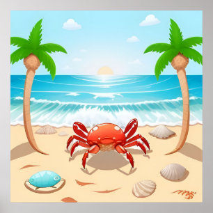 Colourful Crab, Palm Trees, and Seashells Poster