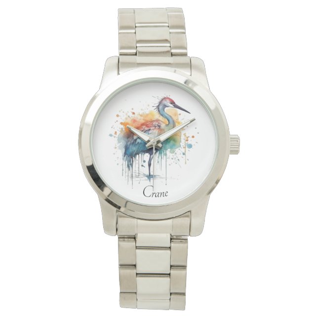 Colourful crane standing in water, customisable  watch (Front)