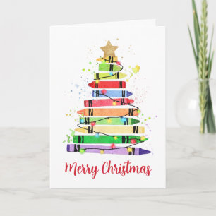 Colourful Crayon Christmas Tree Teacher Holiday Card