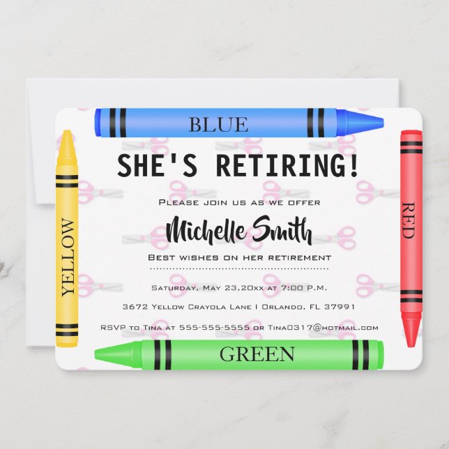 Colourful Crayon Teacher Retirement Invite (Front)